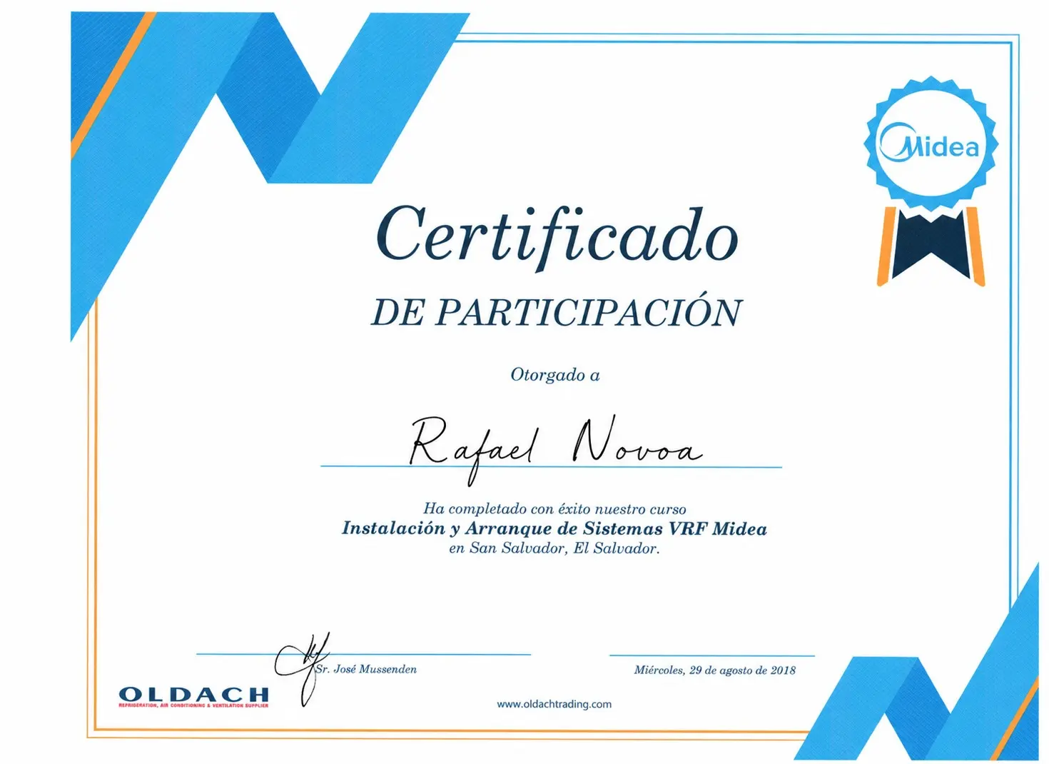 Certificado de instalación y arranque de sistemas VRF Midea a nombre de Rafael Novoa